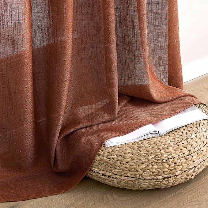 MIULEE Burnt Orange Fall Linen Curtains 52x45 Inch 2 Panels for Bedroom | Short,Soft Thick Linen Textured Basement Bathroom Kitchen Window Drapes, Semi Sheer Light Filtering, Back Tab, Fall Decor