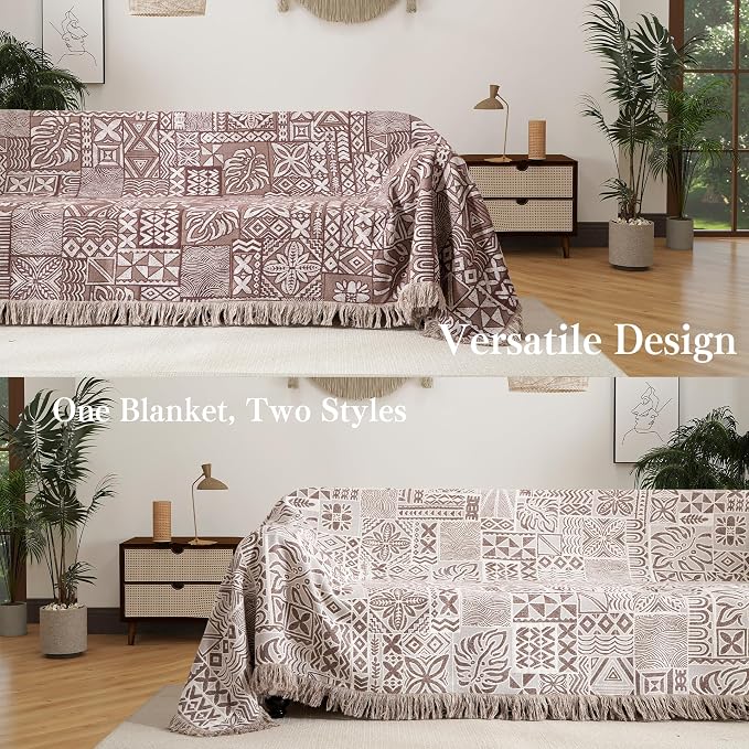 Phuryllic Boho Throw Blanket Twin Size, Soft Cozy Cotton Muslin Quilt Blanket for Bed Decor, Patchwork Block Couch Sofa Chair Cover, Vintage Farmhouse Cottage Tapestry Woven Blanket, Brown&White