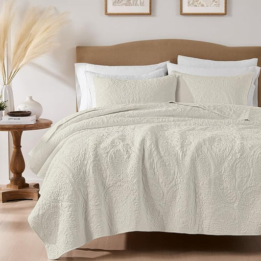 palassio Beige Paisley 100% Cotton Quilt King Size Bedding Sets with 2 Pillow Shams, Boho Floral Lightweight Farmhouse Country Vintage Soft Bedspread Shabby Chic Coverlet for All Season, 3 Pieces