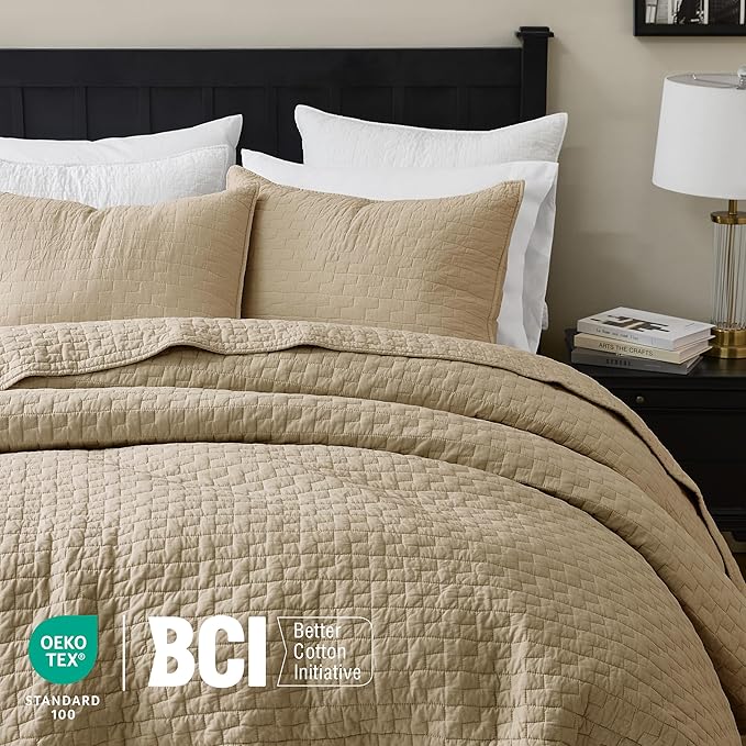 palassio Dark Beige 100% Cotton Quilt Queen Size Bedding Sets with 2 Pillow Shams, Textured Lightweight Soft Bedspread Shabby Chic Coverlet, Quilted Comforter Bed Cover for All Season, 3 Pieces