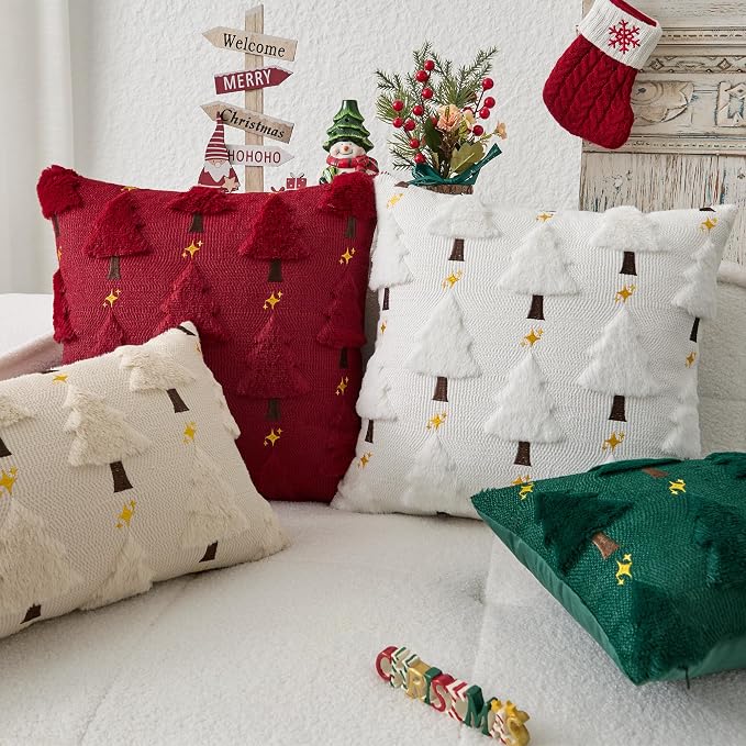 Kevin Textile Christmas Tree Pillow Covers 18x18 Inch Set of 2 Twinkle Golden Star Embroidery Soft Plush Faux Fur Throw Pillowcases for Couch Sofa Holiday Festivals Winter Xmas Gift, Dark Green