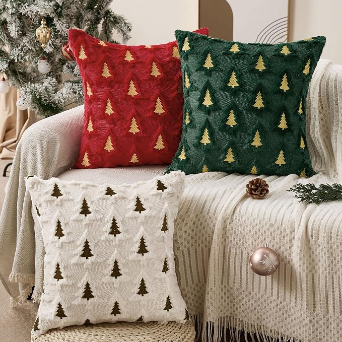 Allorry Christmas Pillow Covers 18x18 Set of 2 Cream White Brown Xmas Tree Pillow Covers Soft Plush Faux Fur Christmas Decorations for Xmas Winter Holiday Home Bedroom Sofa Cushion Cases PT-008H18