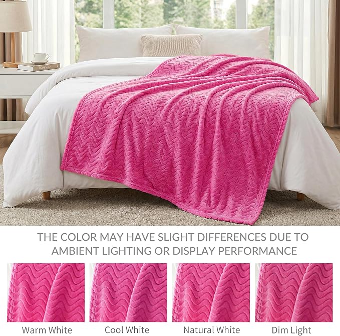 Exclusivo Mezcla Large Fleece Throw Blanket for Couch, Sofa, Hot Pink | 50"x70" Soft Breathable Lightweight Flannel Throws for Summer, Plush Cozy Jacquard Wave Blanket for Home Decor