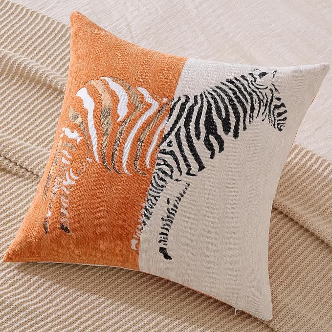 AmHoo Set of 2 Throw Pillow Covers Zebra Chenille Patchwork Decorative Pillows Cover Pillowcase for Sofa Couch Bed 18 x 18-Inch Orange