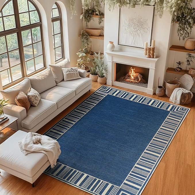 COZYLOOM 8x10 Indoor Outdoor Rugs Machine Washable Area Rugs for Living Room, Non Slip Non Shedding Bordered Easy Jute Rug Stain Resistant Modern Striped Carpet for Bedroom, Patio, Backyard, Blue