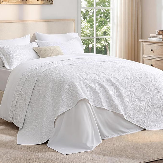 Love's cabin Queen Quilt Set White, Bed in a Bag Queen Size Bedding 7 Pieces, Ultrasonic Embossed Coin Pattern Comforter, Lightweight Bedspreads for All Seasons Quilt with Sheets, Pillowcases & Shams