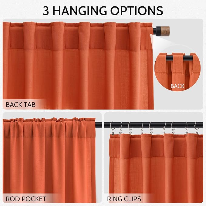 Bright Orange Linen Curtains 72 Inch Long for Living Room Bedroom Lightweight Door Drapes 2 Panels Set, Semi Sheer Light Filtering Back Tab or Rod Pocket Curtain,52x72