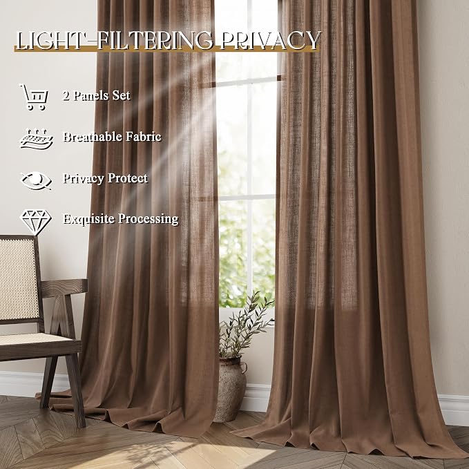 Jowels Caramel Brown Linen Curtains 84 Inch Long 2 Panels for Living Room | Light Filtering Semi Sheer Curtain, Back Tab Pocket Pleated Look, Boho Farmhouse Textured Privacy Drapes for Bedroom Window