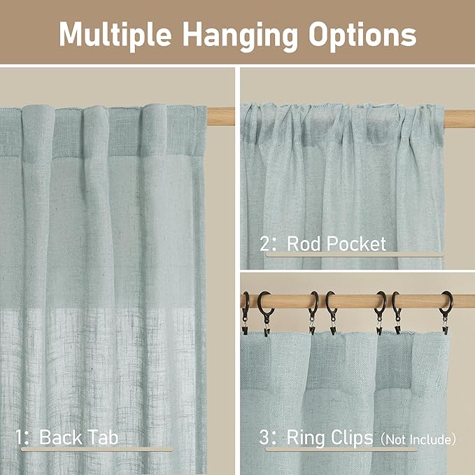 Greyish Blue Linen Curtains 45 Inches Long for Bedroom Kitchen Window | Light Filtering Panels, Semi Sheer, Neutral Drapes for Living Room, Loft Room, Rod Pocket Back Tab, 52 x 45 Inch, 2 Panels