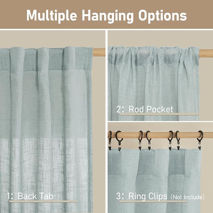 Short Linen Window Curtains 30 Inches Long 2 Panels 34 x 30 Inch | Greyish Blue, Semi Sheer, Light Filtering, Neutral Drapes for Kitchen, Cafe, Basement, Small Windows, Rod Pocket Back Tab