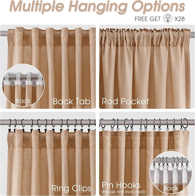 Extra Long Linen Curtains 108 Inches for Living Room Back Tab Semi Sheer High Floor to Ceiling 9ft Light Filtering Curtain Boho Farmhouse Decor Window Drapes for Bedroom 2 Panels Camel