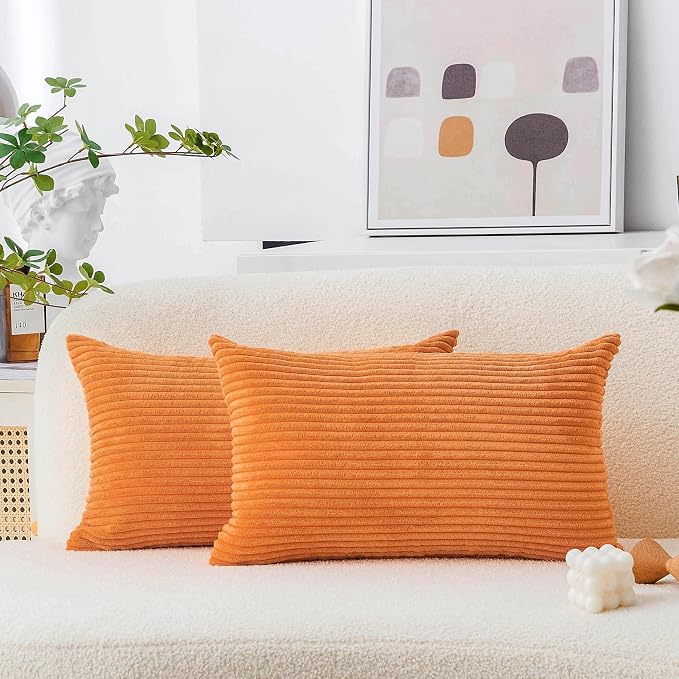 Home Brilliant Orange Pillow Covers 12x20 Lumbar Throw Pillow Covers Rectangular Striped Corduroy Plush Summer Decorative Pillow Cover for Couch, Set of 2, 12 x 20 inch, Orange