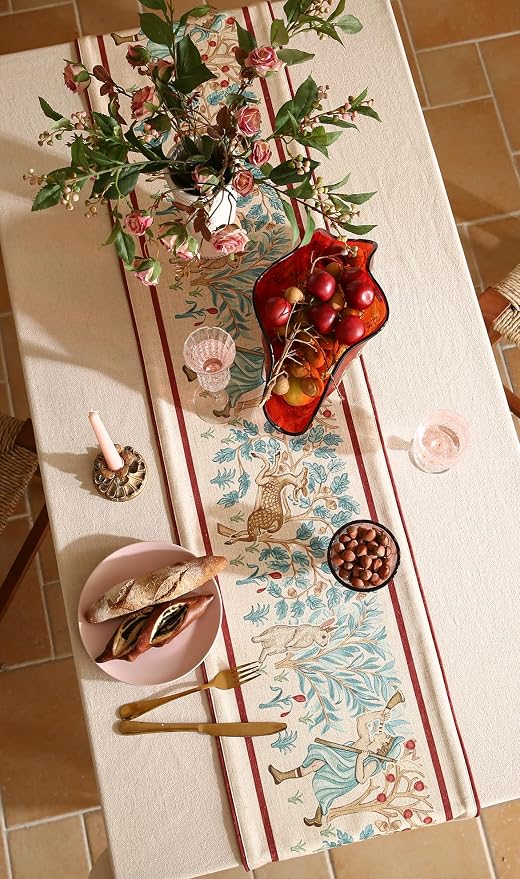patdrea Designer Idyll Linen Table Runner, Vintage Beige Farmhouse with Ancient Spring Figure and Animal Pattern Table Mat, Decoration for Kitchen Dining Banquet Christmas ,12"*87"