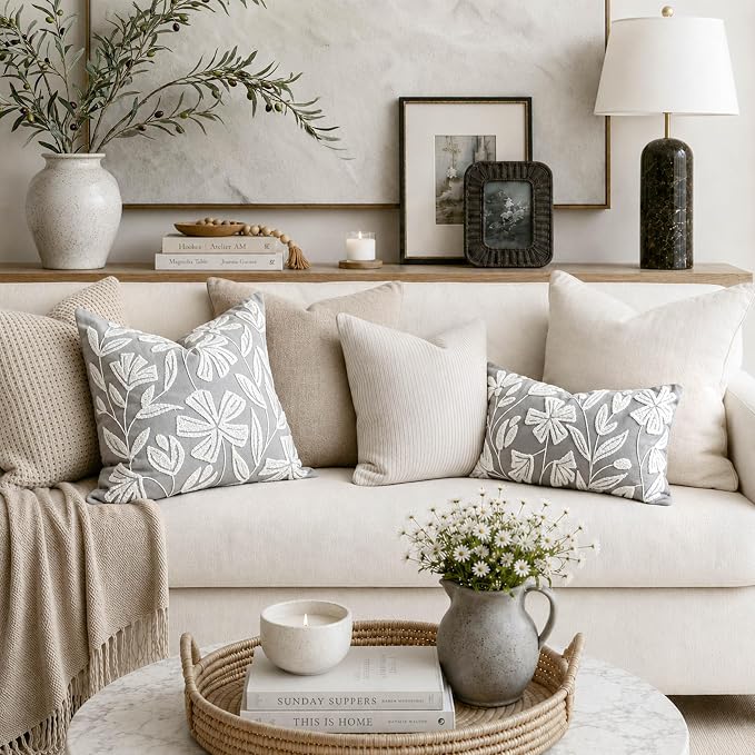 BlissBlush Throw Pillow Cover 20x20 Inch, Light Gray Floral Tufted Velvet Decorative Accent Pillow Case for Sofa Bed Living Room, Cover Only