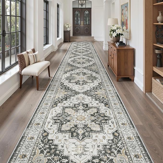 Madane Hallway Runner Rug 3x18 Washable Kitchen Runners 18ft, Black | Vintage Non Slip Extra Long Area Rugs for Hallways, Soft Low-Pile Farmhouse Wide Floor Carpet for Entryway Bathroom Bedroom
