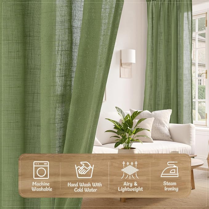 Light Filtering Semi Sheer Linen Curtains 72 Inch Length, Sage Green | Living Room, Curtains for Bedroom, Farmhouse, Spring Decor, Window Drapes, Back Tab Rod Pocket, 2 Panels, 34 x 72 Inch