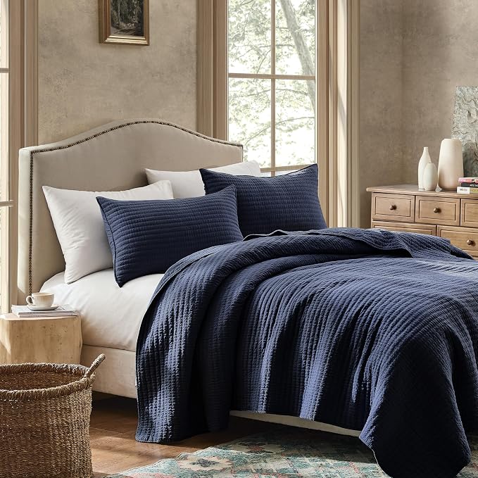 WDCOZY 100% Cotton Twin Size Quilt Set - Navy Blue Striped Pick Stitch Soft Lightweight Bedspread, Textured Like Linen, Farmhouse Country Rustic Coverlet, Shabby Chic Gauze Bedding, 2 Pieces
