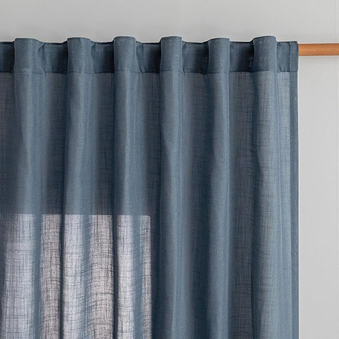 MYSKY HOME 96 Inches Semi Sheer Sliding Door Curtains Farmhouse Light Filtering Window Curtain Drapes for Patio Living Room, Extra Long Blue Linen Curtains Bohemian, 50x96, Dusty Blue, 2 Panels
