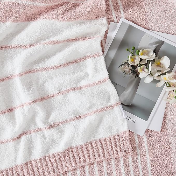 Soft Striped Throw Blanket for Couch, Cozy Warm Knitted Blankets | Lightweight Fuzzy Travel Warm Decor for Women, Mom, Girls, Sofa, Chair, 50x60in, Pink White