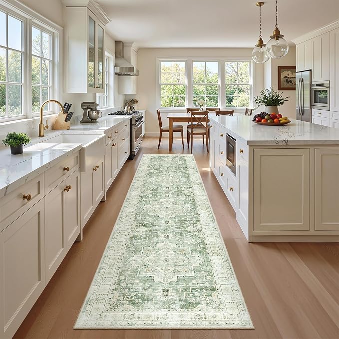 Madane Washable Runner Rugs 2x10 Long for Hallway Kitchen, Green/Ivory | Non-Slip Low-Pile 10ft Rug Runners Soft, Stain-Resistant Floor Carpet Mat for Entrance, Living Dining Laundry Room, Stair