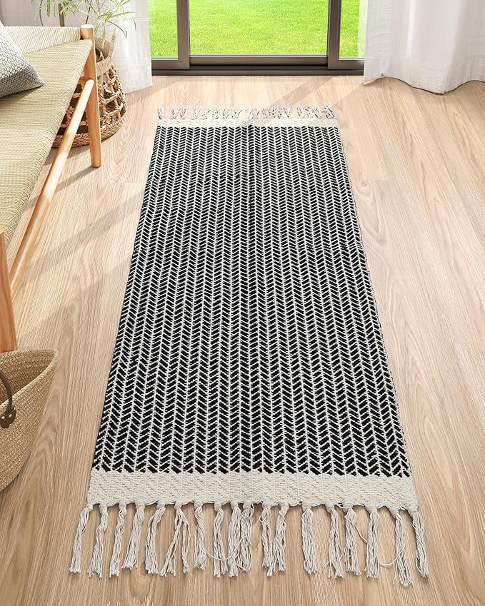 Lahome Boho Bathroom Runner Rug, 2x5 Washable Rugs for Kitchen Hallway | Entryway Laundry Room Throw Carpet with Tassels Woven Cotton, Farmhouse Non Shedding Indoor Door Mat for Bath Bedroom