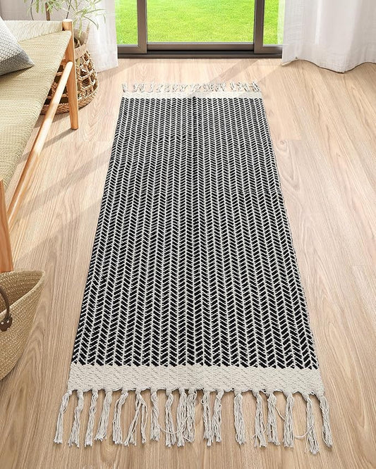 Lahome Boho Bathroom Runner Rug, 2x5 Washable Rugs for Kitchen Hallway | Entryway Laundry Room Throw Carpet with Tassels Woven Cotton, Farmhouse Non Shedding Indoor Door Mat for Bath Bedroom