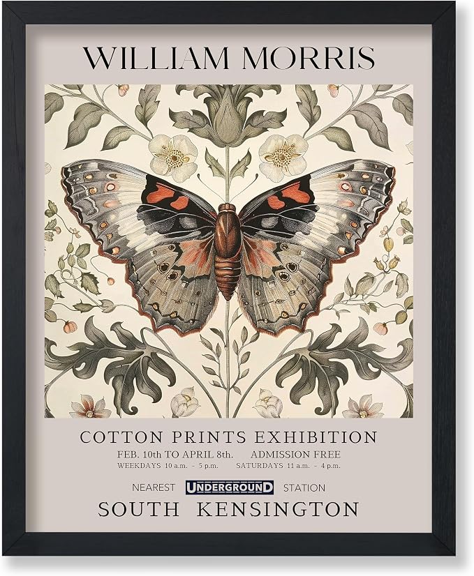 Poster Master Butterfly Print - William Morris Poster - Flower & Animal Art - Botanical Exhibition Illustration - Floral Moth Artwork - Aesthetic Office or Bedroom Decor - 8x10 UNFRAMED Wall Decor