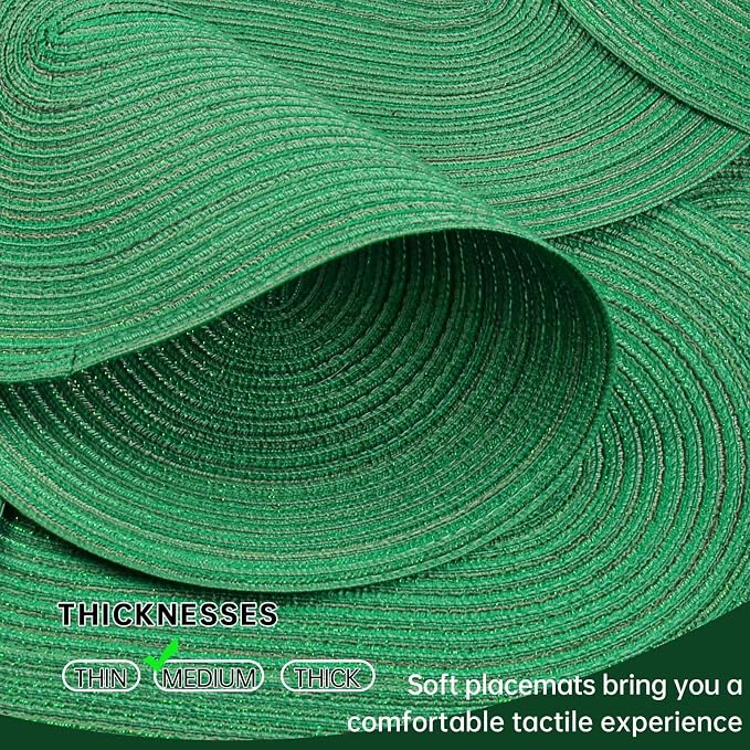 Placemats Set of 8, Woven Oval Braided Dining Table Mats(Green Shine) | 12 x 17.5 Inch Size Fits Plates and Flatware; Hand Washable and Heat Resistant for Kitchen Use, with Farmhouse and Boho Style