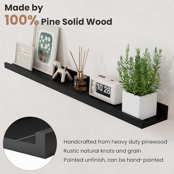 Acovy Floating Shelves for Wall, 36 inch Solid Wood Picture Ledge Shelf, Picture Shelf for Wall with Ledge, Floating Book Shelves for Living Room Bedroom Kitchen Nursery Decor, Black, Set of 2