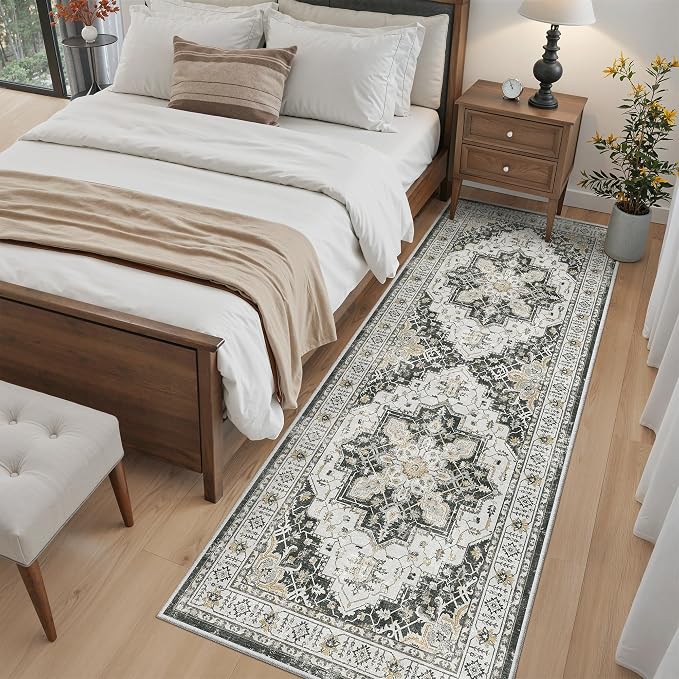 Madane Hallway Runner 3x8, Kitchen Rugs Washable Entry Rug, Black | Vintage Non Slip Entryway Indoor Area Rugs, Soft Low-Pile Farmhouse Wide Carpet Runners for Bathroom Living Room Bedroom