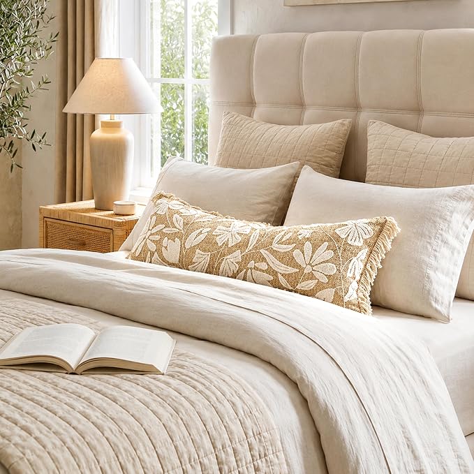 BlissBlush Long Lumbar Pillow Cover 14x36 Indoor Outdoor, Jute Inspired Floral Tufted Accent Oversize Throw Pillowcase for Patio Bed Bedroom, Cover Only