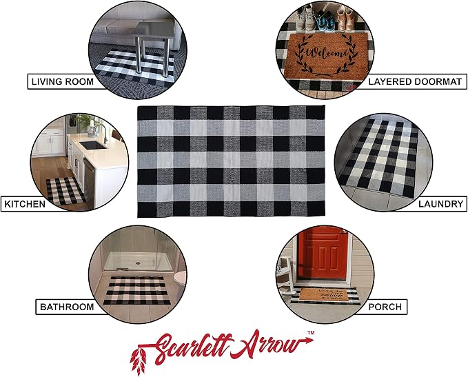 Buffalo Plaid Rug 28" x 43" - Indoor/Outdoor Black and White Checkered Rug - Area Rugs for Layered Door Mats Washable Carpet for Porch/Kitchen/Farmhouse - Washable Thick Plaid Hand-Woven Fabric