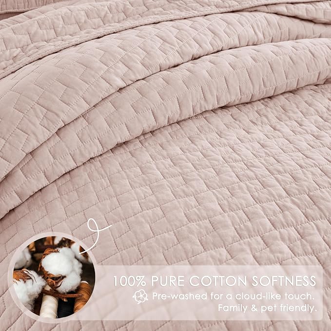 palassio Pink 100% Cotton Quilt California Cal King Size Bedding Sets with 2 Pillow Shams, Oversized Lightweight Bedspread Shabby Chic Coverlet, Soft Bed Cover for All Season, 3 Pieces