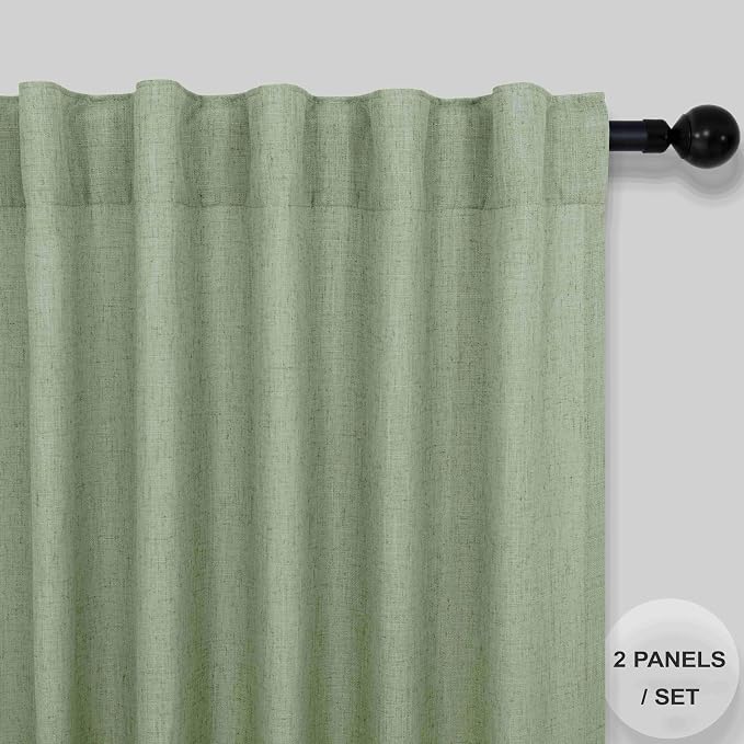 Light Sage Curtains 63 Inch Length for Boys Bedroom 2 Panel Back Tab Pocket Semi Sheer Light Filtering Cotton Textured Soft Sage Green Linen Curtain for Kitchen Living Room Kids Dining Farmhouse 52x63