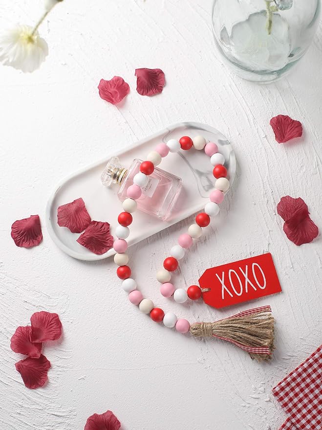 Valentines Day Decor, Wood Bead Garland with Tassel for Tiered Tray