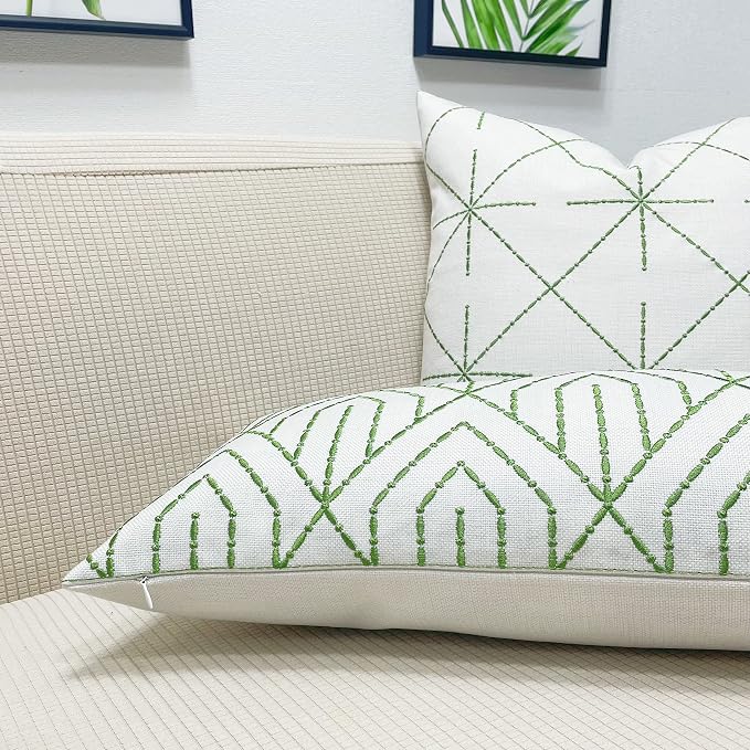 Slow Cow Linen Embroidery Decorative Lumbar Throw Pillow Cover Rectangular Pillowcase Cushion Cover for Bed Couch Sofa 12 x 24 Inches Green
