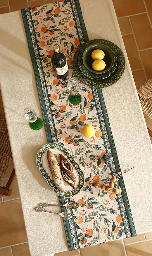 Patdrea Designer Vintage French Linen Table Runner,12"X87"-Palladin A | Tablerunner 87 Inches Long,Orange Floral Pattern,Thanksgiving Dining Table Decor for Living Room Banquet,Tassel Edge