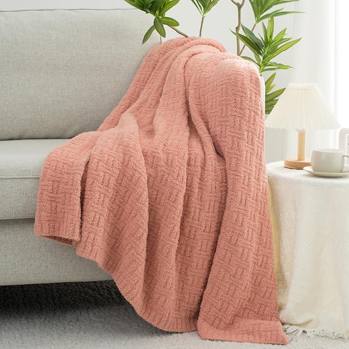 Pink Ultra Soft Knit Throw Blanket for Couch,60"X80" Microfiber Fluffy Cozy Warm Knitted Blankets with Checked Pattern for Sofa Bed