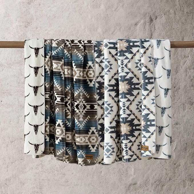 Wrangler - Oversized Fleece Throw Blanket for Couch 60x70, Ultra Soft Reversible Plush Blanket, Americana Decor, Cozy Western Style Throw for Sofa, Bed, Living Room (Jericho Aqua/Brown)
