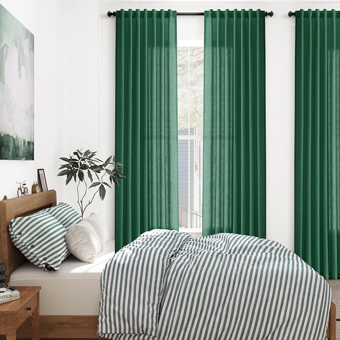 Dark Green Linen Curtains 102 Inches Long Rod Pocket Back Tab Drapes 2 Panels Set for Living Room Sheer Light Filtering Sheer Emerald Green Curtain 102 Length for Patio Sliding Glass Door 52x102