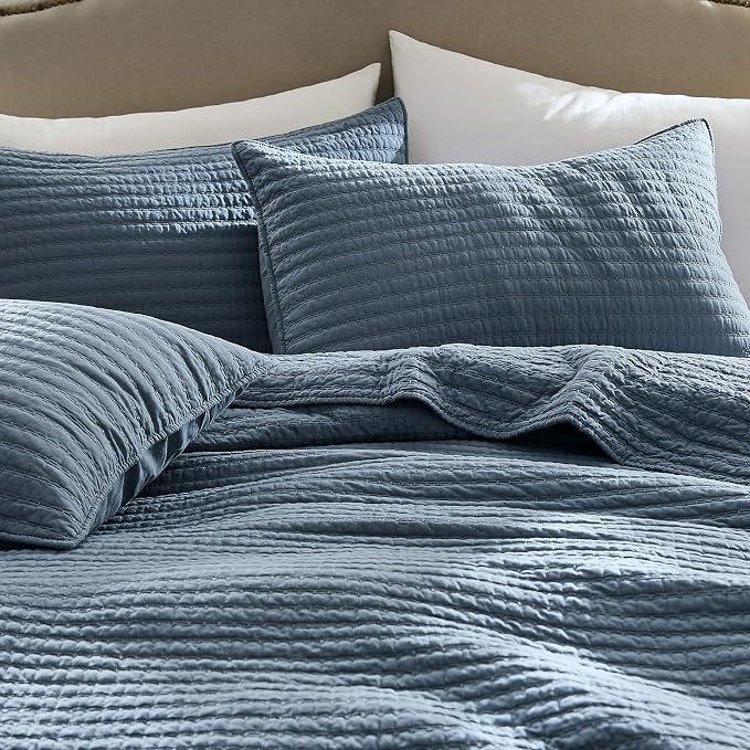 WDCOZY 100% Cotton King Size Quilt Set - Blue Striped Pick Stitch Soft Lightweight Bedspread, Textured Like Linen, Farmhouse Country Rustic Coverlet, Shabby Chic Gauze Bedding, 3 Pieces