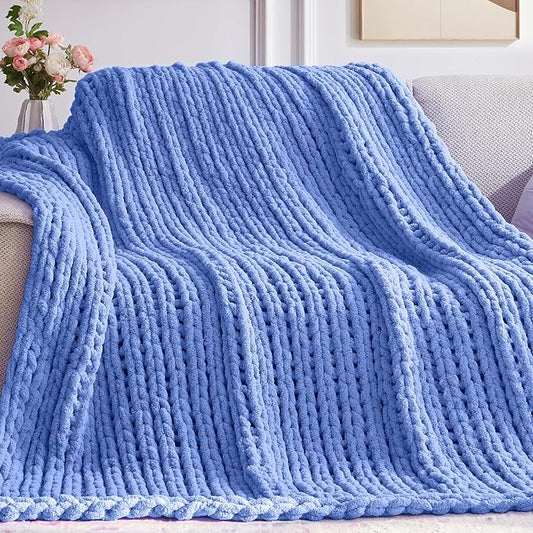 Negwoo Chunky Knit Throw Blanket, Knitted Throw Chenille Yarn, 30"*40" | Soft Thick Cable Knitted Blankets, Handmade Big Thick Blanket, Machine Washable Cute Comfy Blanket for Home Decor, Light blue