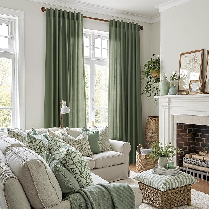 Forest Green Linen Curtains for Living Room 72 Inches Long Light Filtering Semi Sheer Curtain Back Tab and Rod Pocket Wabi Sabi Boho Decor Luxury Drapes for Bedroom Office 52x72, 2 Panels