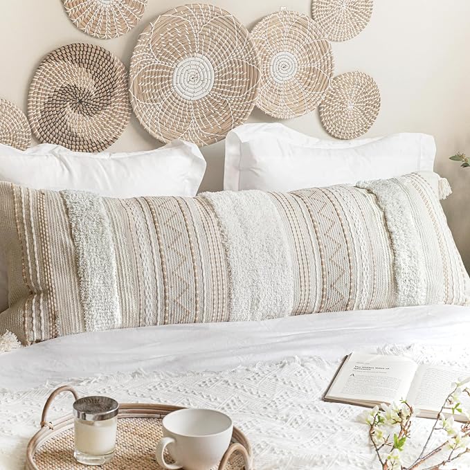 BlissBlush 20X54 Oversized Large Lumbar Pillow Cover for Bed, Rectangular Long Decorative Throw Pillowcase, Cotton Boho Accent Cushion with Tufted Pattern and Tassels, Cream Beige Neutral (Cover Only)