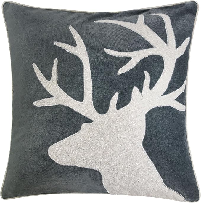 Applique Gray Velvet Throw Pillow Cover, Merry Christmas Series Reindeer Horn Luxury Soft Fuzzy Cozy Warm Slik Decorative Gift Square Couch Cushion Pillow Case 20 x 20 Inch, Cover Only