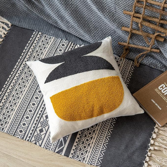 Square Bohemian Decorative Pillow Cover, Abstract Cotton Hand Woven Throw Pillowcase for Boho Bedroom Living Room, Modern Decor Home Cushion Sham 18x18, 1PC(Black Mustard)