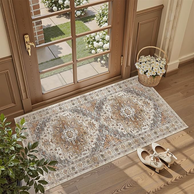 Madane Washable Area Rug 2x4, Small Entryway Rugs Non-Slip, Turmeric/Grey | Vintage Printed Door Mat Indoor Entrance, Low-Pile Floor Carpet Runner for Inside Front Bedroom Kitchen Entry Laundry, Stair