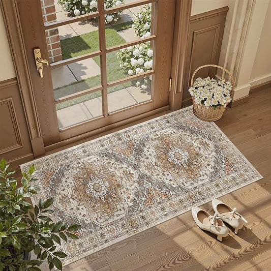 Madane Washable Area Rug 2x4, Small Entryway Rugs Non-Slip, Turmeric/Grey | Vintage Printed Door Mat Indoor Entrance, Low-Pile Floor Carpet Runner for Inside Front Bedroom Kitchen Entry Laundry, Stair
