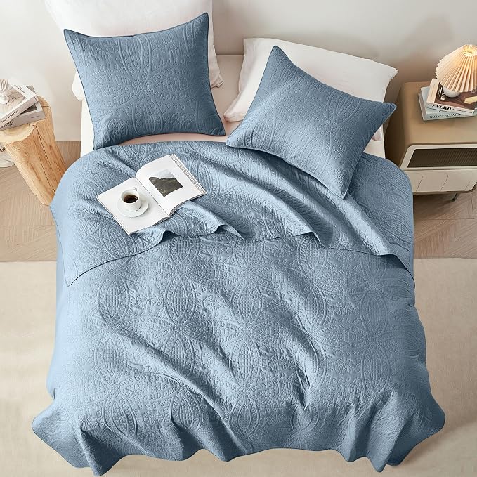 akkialla Dusty Blue Full/Queen Quilt Set,Ultrasonic Lightweight Bedspread Coverlet for Modern Minimalist Bedroom,Soft Microfiber Coin Pattern Bedding,3-Piece (1 Quilt,2 Pillow Shams)