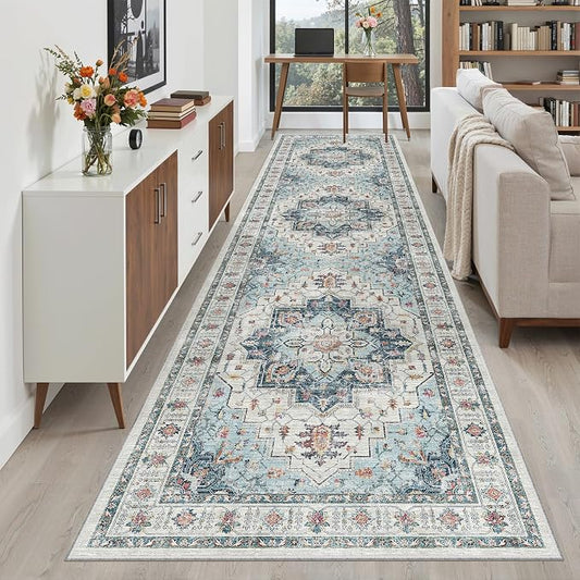 Madane Hallway Runner Rug 3x12 Washable Kitchen Runners 12ft, Blue | Vintage Non Slip Area Rugs for Hallways, Soft Low-Pile Thin Farmhouse Wide Floor Carpet for Entryway Foyer Bathroom Bedroom